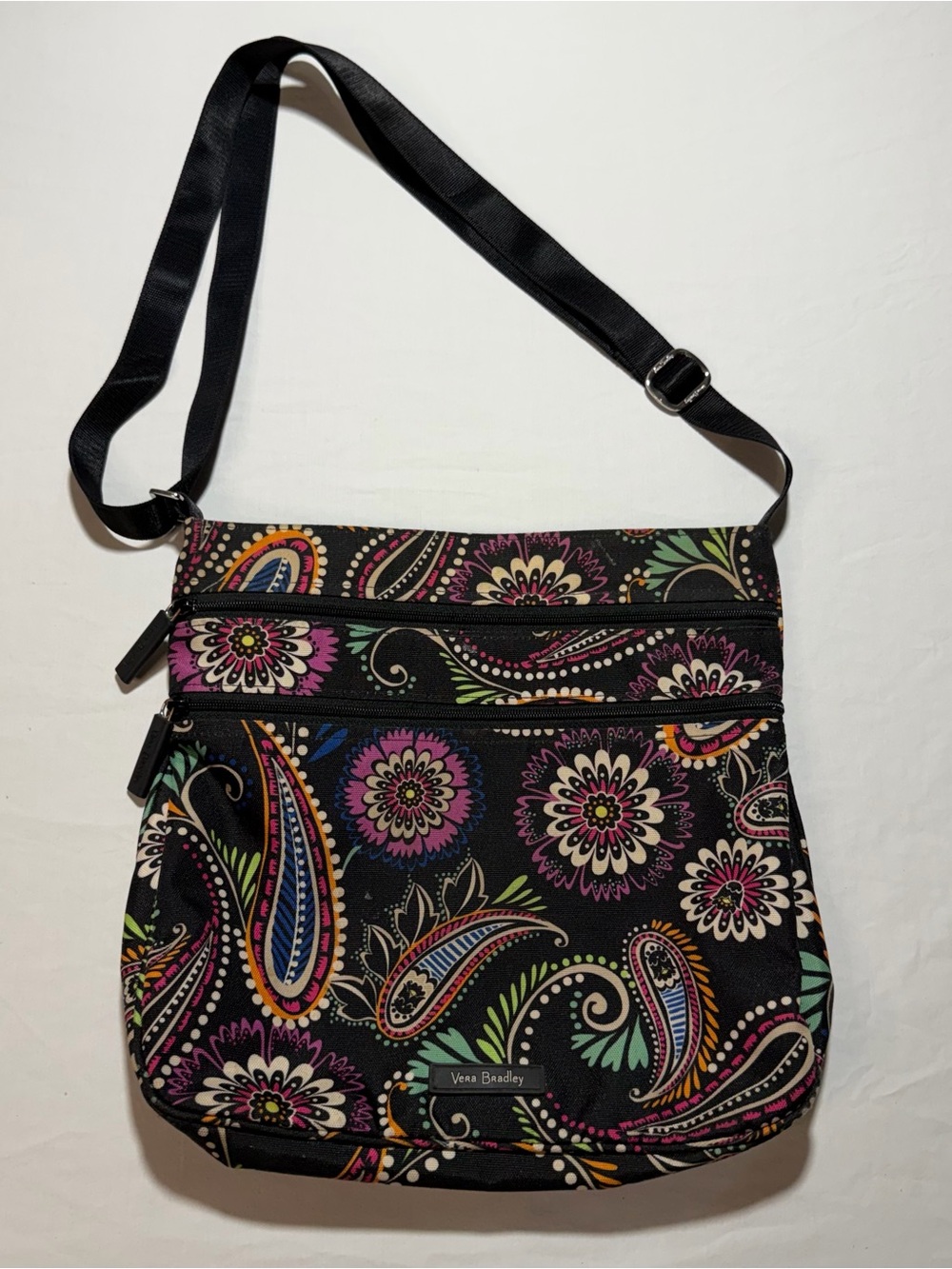 Vera Bradley Triple Zip Black Hipster Crossbody in black Paisley